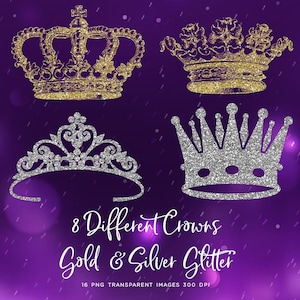 8 Different Crowns in Gold & Silver Glitter Texture - 16 PNG Transparent Images High Resolution - Instant Download Digital Clipart