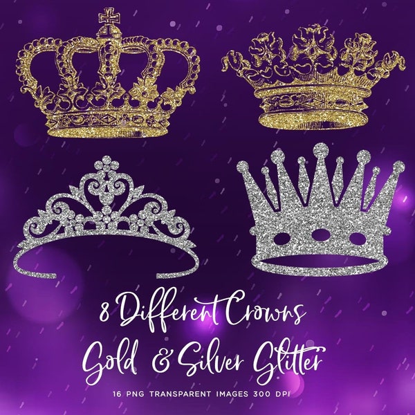 8 Different Crowns in Gold & Silver Glitter Texture - 16 PNG Transparent Images High Resolution - Instant Download Digital Clipart