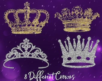 8 Different Crowns in Gold & Silver Glitter Texture - 16 PNG Transparent Images High Resolution - Instant Download Digital Clipart