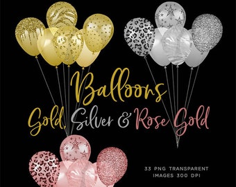 May include: A set of 33 digital images of gold, silver, and rose gold balloons. The balloons are decorated with glitter, stars, and animal print patterns. The images are transparent and 300 DPI.