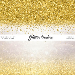 May include: A digital paper pack with 18 gold glitter ombre backgrounds. The backgrounds are 12x12 inches and 300 DPI. The text "Glitter Ombre" is in the centre of the image.