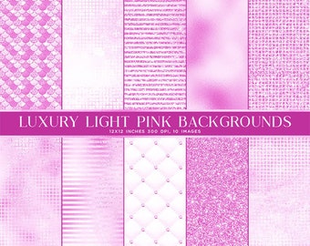 May include: A selection of ten light pink digital backgrounds with diverse textures, such as mermaid scales, grids, stripes, and glitter. The image features the text "LUXURY LIGHT PINK BACKGROUNDS". Each background measures 30.48 x 30.48 cm.