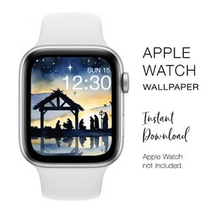 Peut inclure: Une illustration numérique d'une scène de la Nativité avec une étoile et un reflet dans l'eau. L'image est affichée sur un cadran d'Apple Watch avec l'heure 12:30 et la date DIM 15.