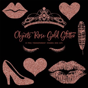 May include: A set of eight rose gold glitter objects, including a crown, lips, a heart, a feather, eyelashes, and a high heel shoe. The objects are on a black background. Objects Rose Gold Glitter 8 PNG Transparent Images 300 DPI