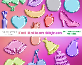 Foil Balloon Objects 01 - 16 Transparent Objects - Lips Heart Transparent PNG Overlays - Instant Download Digital Clipart