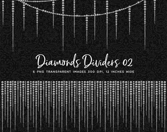 May include: Six digital images of diamond dividers, each 30.48 cm wide. The dividers are made of rows of silver diamonds, with each row hanging down like a curtain. The background is black with a silver floral pattern.