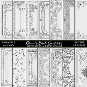 Può includere: Set di 28 design di copertina di libro stampabili con cornici argentate ornate su uno sfondo di lino bianco. I design sono perfetti per aggiungere un tocco vintage alle tue copertine di libri.