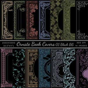 Capas de livros ornamentadas com designs com lombada Vol 1 Variação Fundo preto - 28 imagens de alta resolução Download instantâneo Clip art digital