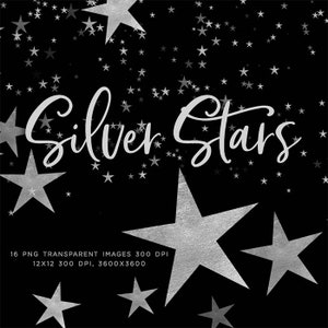 Silver Stars Confetti & Compositions 16 PNG Transparent Overlays Hoge resolutie - Instant Download Digitale Illustraties Scrapbooking