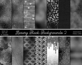 May include: A set of 14 digital paper backgrounds in black and white with various patterns, including polka dots, stripes, glitter, and damask. The papers are 12x12 inches and 300 DPI. The text "Luxury Black Backgrounds 2" is at the top of the image.