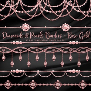 Luxury Diamonds & Pearls Borders Rose Gold Clip Art gemstone - 25 PNG Transparent Images High Resolution -  Instant Download Digital Clipart