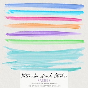 Watercolor Brush Strokes Pastel Colors - 7 Hand painted Transparent PNG Overlays - Instant Download Digital Clipart