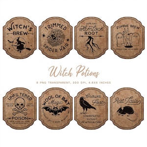Witch Apothecary Labels, Magic Potion Ingredient Labels, Halloween Labels - 8 PNG Transparent Images  Instant Download Digital Clip art