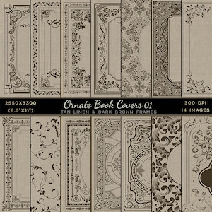 Copertine di libri ornate con dorso Vol. 1 in lino marrone chiaro e cornici marrone scuro - 28 immagini ad alta risoluzione Download immediato Clip art digitale