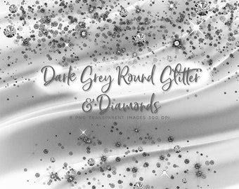 Dark Grey Round Glitter Dust & Diamonds 01 - sparkly 8 PNG Transparent Overlays High Resolution -  Instant Download Digital Clip art