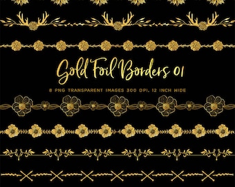 Gold Foil Borders 01 - 8 PNG Transparent Overlays High Resolution - Gold Flower floral borders Instant Download Digital Clip art