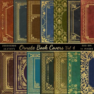 Peut inclure: Un ensemble de 14 motifs de couverture de livre ornés en or, vert, bleu et marron. Les motifs présentent des motifs et des bordures complexes. 2550x3300 (8,5"x11") 300 DPI. Ornate Book Covers Vol 4.