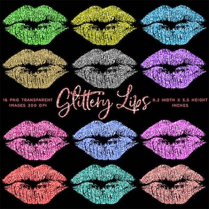 Glittery Lips Sparkly Glitter - 16 Different Colors PNG Transparent Images High Resolution - Instant Download Digital Clipart
