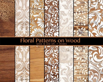 Floral Patterns On Wood - 7 Backgrounds Flower Patterns High Resolution Images - Instant Download Digital Clip art