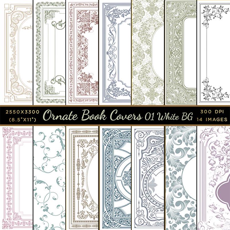Ornate Book Covers with designs with Spine Vol 1 Variation White Background - 28 High Resolution Images Instant Download Digital Clip art