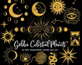 Gouden hemelse planeten Clip Art 30 PNG transparante overlays hoge resolutie - Instant Download digitale illustraties Scrapbooking
