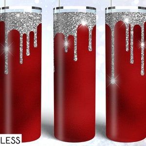 Tumbler Template Silver Glitter Drips with Red Background PNG Sublimation 20 oz Skinny High Resolution Instant Download Full Wrap Digital
