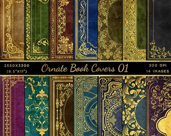 Ornate Book Covers with Gold designs with Spine Vol 1 - 28 High Resolution Images  - Instant Download Digital Clip art