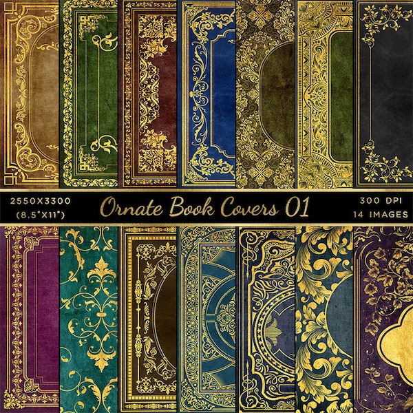 Ornate Book Covers with Gold designs with Spine Vol 1 - 28 High Resolution Images  - Instant Download Digital Clip art