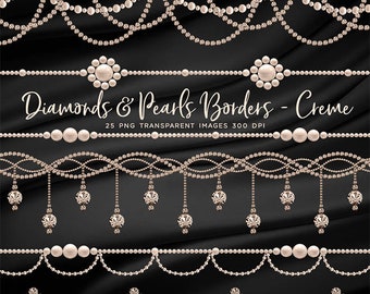 Luxury Diamonds & Pearls Borders Creme Clip Art gemstone - 25 PNG Transparent Images High Resolution -  Instant Download Digital Clipart