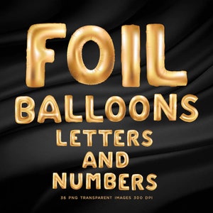 Può includere: Lettere e numeri di palloncini in lamina dorata. 36 immagini PNG trasparenti, 300 DPI.
