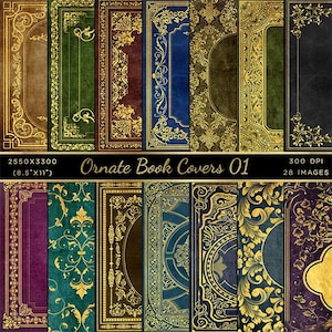 Ornate Book Covers with Gold designs with Spine Vol 1 - 28 High Resolution Images  - Instant Download Digital Clip art