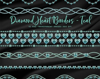 May include: Ten teal diamond heart borders. Each border is a repeating pattern of teal diamond hearts. The borders are on a black background.