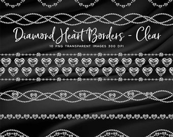May include: Ten digital images of diamond heart borders. The borders are made of white diamonds on a black background. The images are transparent PNG files at 300 DPI.