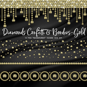 Diamonds Confetti & Borders GOLD - Clip Art gemstone - 13 PNG Transparent Images High Resolution -  Instant Download Digital Clipart