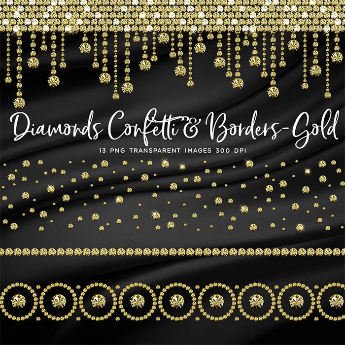 Diamantes Confeti & Borders GOLD - Clip Art gemstone - 13 PNG Transparent Images High Resolution - Instant Download Digital Clipart
