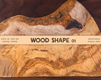 May include: A digitally created wood grain design with the text "WOOD SHAPE 01". The image features a light brown, beige, and dark brown wood pattern. The text "12x12 IN. 300 DPI DIGITAL PAPER" is also present.