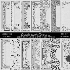 Può includere: Set di 28 design digitali per copertine di libri con cornici ornate in grigio scuro su uno sfondo di lino grigio chiaro. I design sono perfetti per aggiungere un'estetica vintage o antica alle tue copertine di libri.