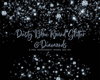Dusty Blue Round Glitter Dust & Diamonds 01 - sparkly 8 PNG Transparent Overlays High Resolution -  Instant Download Digital Clip art