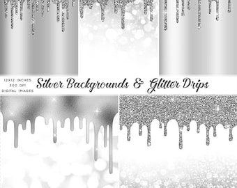 Silver And Glitter Drips - Backgrounds & PNG Transparent Images High Resolution -  Instant Download Digital Clip art