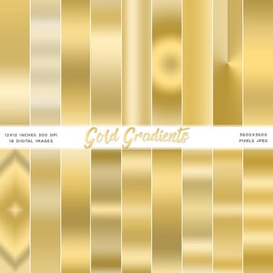 Op de afbeelding: Een set van 18 digitale afbeeldingen met gouden verlopen. De afbeeldingen zijn 12x12 inch en 300 DPI. De tekst "Gold Gradients" wordt in het midden van de afbeelding weergegeven.