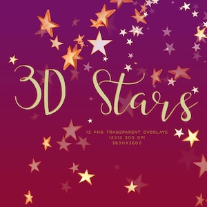3D-sterren - 12 PNG transparante overlays hoge resolutie - Instant Download Digitale Clipart