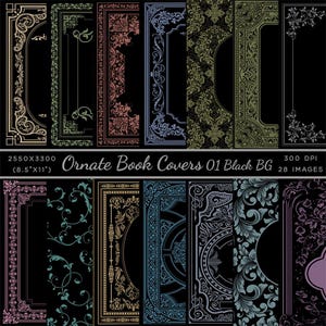 Ornate Book Covers with designs with Spine Vol 1 Variation Black Background - 28 High Resolution Images Instant Download Digital Clip art