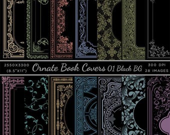 Ornate Book Covers with designs with Spine Vol 1 Variation Black Background - 28 High Resolution Images Instant Download Digital Clip art