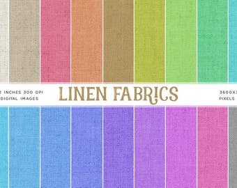 May include: 18 digital images of linen fabric textures in various colors, including white, beige, pink, orange, brown, green, blue, purple, and gray. Each image is 12x12 inches at 300 DPI. The text "LINEN FABRICS" is displayed in the center of the image. The text "12X12 INCHES 300 DPI 18 DIGITAL IMAGES" is displayed in the bottom left corner of the image. The text "3600X3600 PIXELS JPEG" is displayed in the bottom right corner of the image.