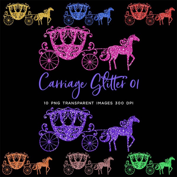 Glittery Princess Carriage Sparkly Glitter 01 - 10 Colors PNG Transparent Images High Resolution - Instant Download Digital Clipart