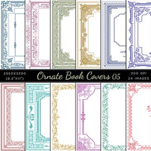 Peut inclure: Ensemble de 24 motifs de couverture de livre ornés dans différentes couleurs, notamment turquoise, or, violet et rose. Chaque motif présente des motifs floraux et géométriques complexes. Les motifs sont parfaits pour ajouter une touche d'élégance à tout projet de livre.