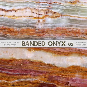 May include: A close-up of a banded onyx stone with a variety of colors, including white, orange, red, and brown. The stone has a natural, organic texture. The text "BANDED ONYX 03" is visible at the bottom of the image.