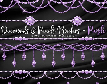 Luxury Diamonds & Pearls Borders Purple Clip Art gemstone - 25 PNG Transparent Images High Resolution -  Instant Download Digital Clipart