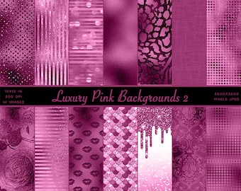 May include: A digital paper pack containing 14 pink and purple digital papers. The papers feature a variety of patterns, including glitter, stripes, polka dots, and floral designs. The papers are 12x12 inches and 300 DPI. The pack is called "Luxury Pink Backgrounds 2".