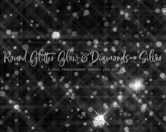 May include: A digital paper pack with 5 PNG images of silver glitter, glow, and diamonds on a black background. The text "Round Glitter Glow & Diamonds - Silver" is at the top of the image. The text "5 PNG TRANSPARENT IMAGES 300 DPI" is below the title.